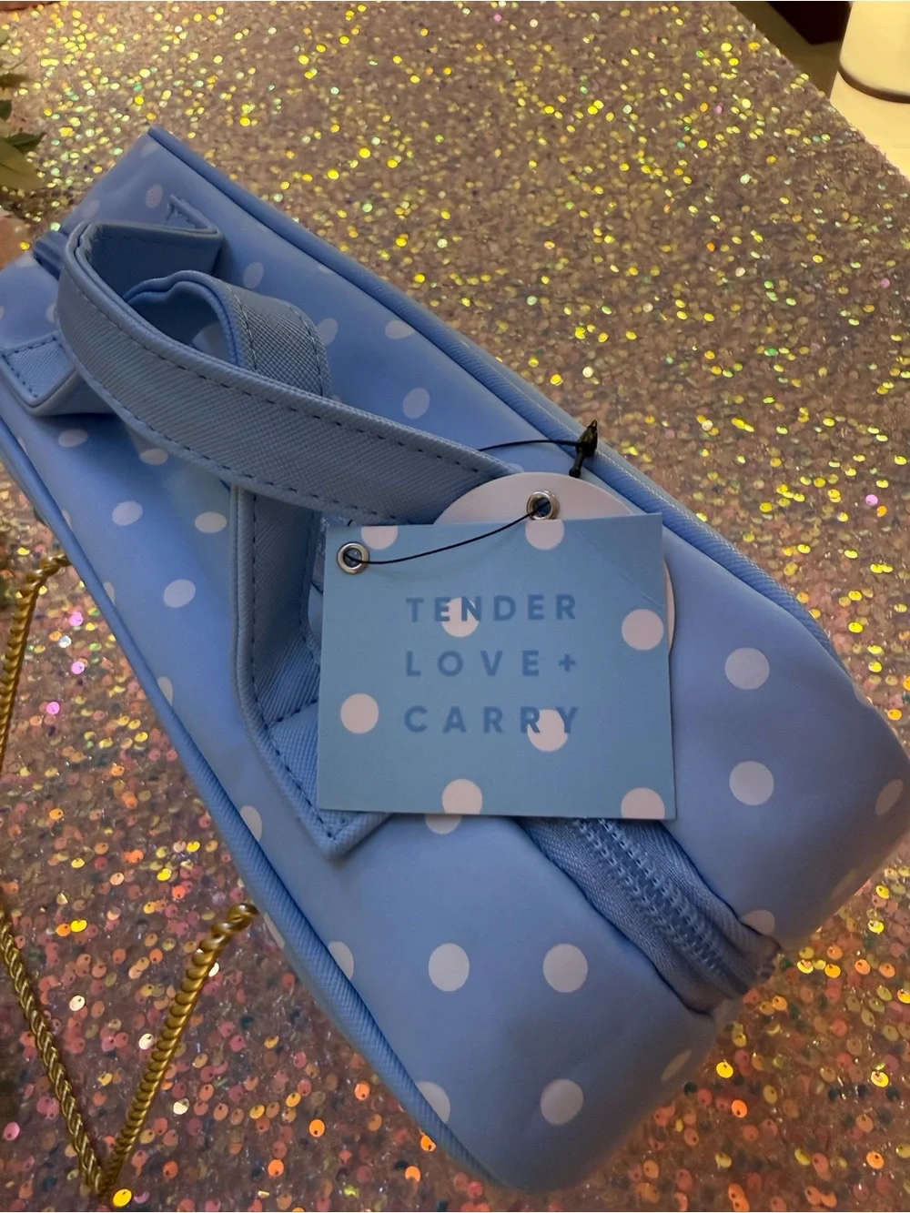 NWT Tender Love + Carry Toiletry Weekender Bag in Sky Blue with White Polka Dots